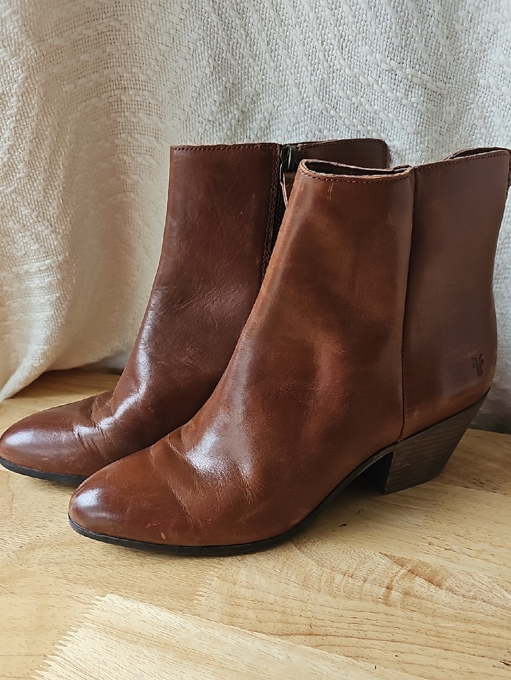 Frye Cognac Brown Leather Ankle Boots - Side Zip Block Heel